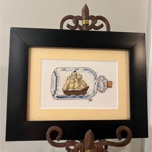 Framed Ship in a Bottle Cross-Stitch Art